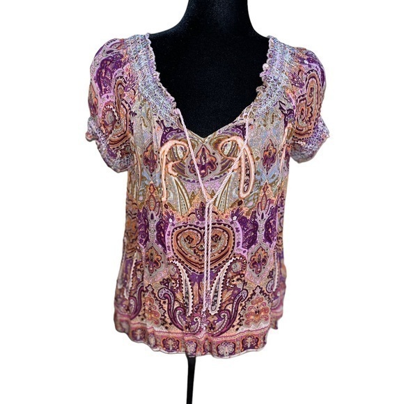 Bila Tops - Bila Rayon Boho Festival Free Flowing Smocked Keyhole Front Top Blouse Sz M